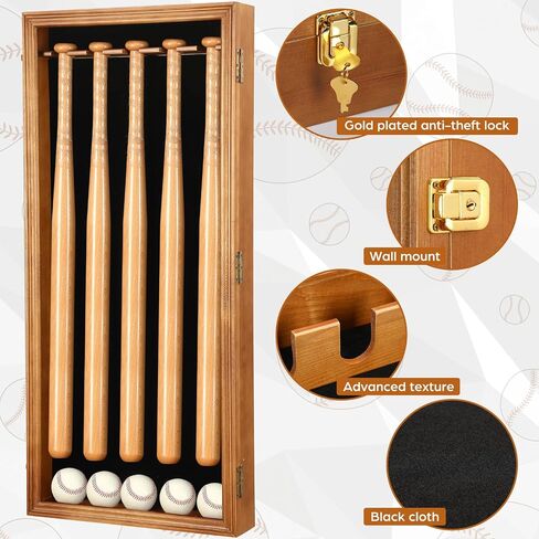 Seenelling 5 Baseball Bat Display Case Wall Mounted, Wooden Frame with UV Protection Acrylic Transparent Door, Vertical Horizontal Shadow Box Holder Rack Cabinet (Bats and Baseballs Not Included) in Kuwait