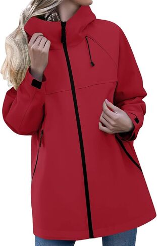 Rain Coats for Women Hooded Windbreaker Jacket Long Waterproof Raincoat | Lightweight Hooded Windbreaker Zip Up Stand Collar Drawstring Waist Women's Raincoat for Fall Outdoor Hiking Travel Wear in Kuwait