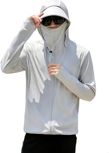 UV-Sun-Protection-Hoodie Mens Summer-Cooling Zip-Up Long-Sleeve-Jacket with Removable Wide-Brim for Running Hiking in Kuwait