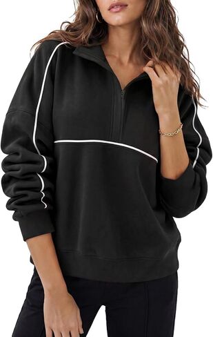 Fisoew Womens Sweatshirts Casual Long Sleeve Collared Zipper V Neck Loose Pullover Tops Fashion Outfits Clothes in Kuwait