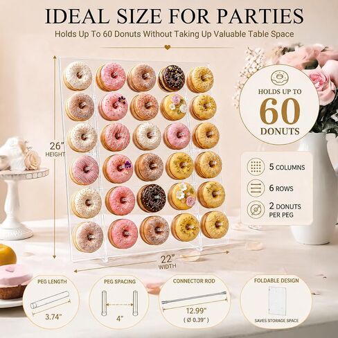 Large Donut Wall Display Stand - Holds Up to 60 Donuts & Bagels | 26 x 22 Inch Clear Acrylic Donut Board | Foldable Holder for Wedding, Baby Shower, Birthday Party & Dessert Table in Kuwait