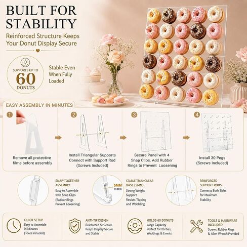 Large Donut Wall Display Stand - Holds Up to 60 Donuts & Bagels | 26 x 22 Inch Clear Acrylic Donut Board | Foldable Holder for Wedding, Baby Shower, Birthday Party & Dessert Table in Kuwait