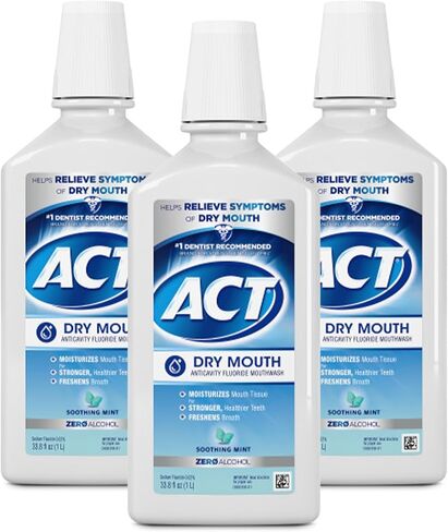 ACT Dry Mouth Anticavity Fluoride Mouthwash with Xylitol & Zero Alcohol, Soothing Mint, 33.8 fl. oz.(Pack of 3) in Kuwait