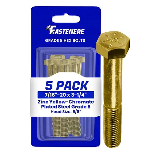 Fastenere 7/16"-20 x 3-1/4" Hex Bolts Grade 8 Zinc Yellow-Chromate Plated Steel, Partial Threaded Durable Hex Bolts for Machinery & Construction, Rust-Resistant, Heavy-Duty Fasteners, Pack of 5 in Kuwait