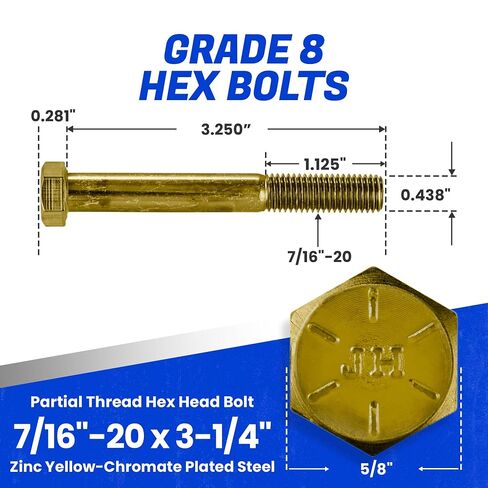 Fastenere 7/16"-20 x 3-1/4" Hex Bolts Grade 8 Zinc Yellow-Chromate Plated Steel, Partial Threaded Durable Hex Bolts for Machinery & Construction, Rust-Resistant, Heavy-Duty Fasteners, Pack of 5 in Kuwait