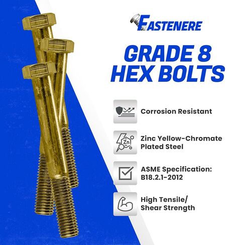 Fastenere 7/16"-20 x 3-1/4" Hex Bolts Grade 8 Zinc Yellow-Chromate Plated Steel, Partial Threaded Durable Hex Bolts for Machinery & Construction, Rust-Resistant, Heavy-Duty Fasteners, Pack of 5 in Kuwait