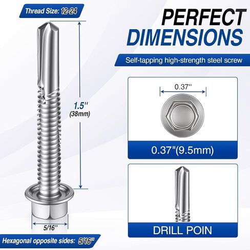 Hicarer 400 Pack 12-24 x 1-1/2" Hex Washer Head Self Drilling Screws High Strength Self-Tapping Screws for 5 Point Heavy Duty Steel Fasteners for Structural Framing HVAC Construction Manufacturing in Kuwait