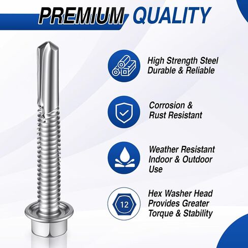 Hicarer 400 Pack 12-24 x 1-1/2" Hex Washer Head Self Drilling Screws High Strength Self-Tapping Screws for 5 Point Heavy Duty Steel Fasteners for Structural Framing HVAC Construction Manufacturing in Kuwait