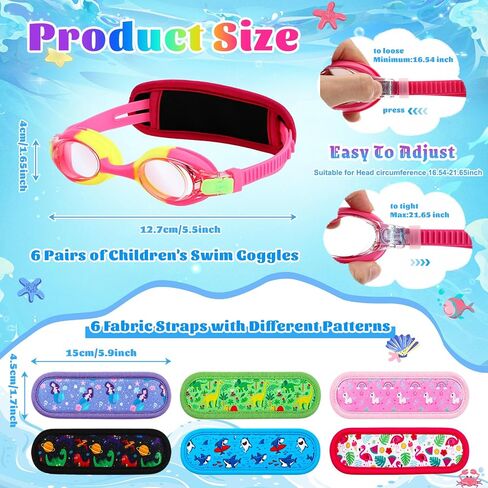 Konohan 6 Pack Kids Swim Goggles with Fabric Strap, Swimming Goggles for 3-14 Toddler Goggle No Tangle Adjustable Anti-fog Waterproof Bulk Pool Beach Party Favors for Kids Child Boys Girls in Kuwait