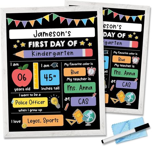 First Day of School Board Sign with 6 Liquid Chalk Markers Pack, Wipe Cloth & Card - 14"x11" Double-Sided & Reusable Chalkboard - 1st Day Back to School Sign for Kindergarten Preschool in Saudi Arabia