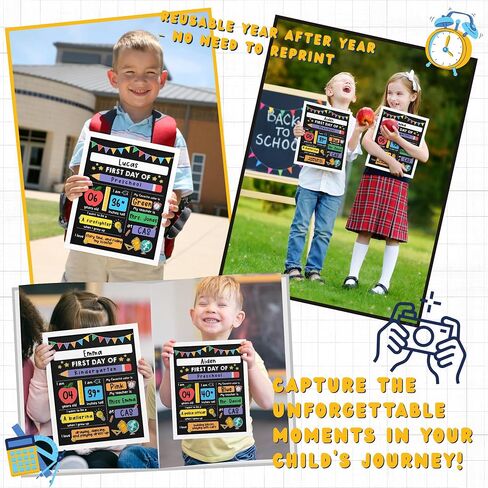 First Day of School Board Sign with 6 Liquid Chalk Markers Pack, Wipe Cloth & Card - 14"x11" Double-Sided & Reusable Chalkboard - 1st Day Back to School Sign for Kindergarten Preschool in Saudi Arabia