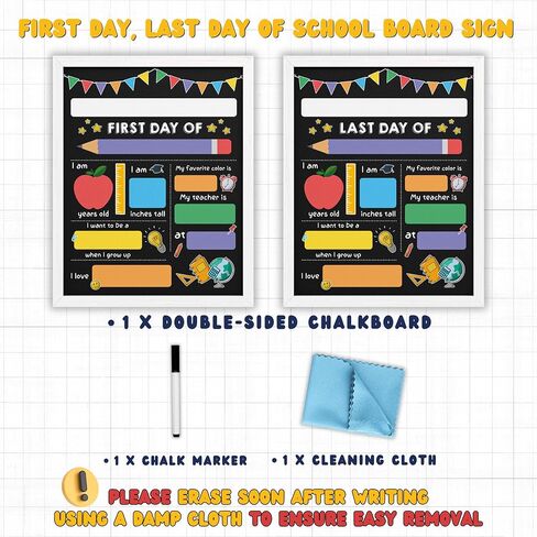 First Day of School Board Sign with 6 Liquid Chalk Markers Pack, Wipe Cloth & Card - 14"x11" Double-Sided & Reusable Chalkboard - 1st Day Back to School Sign for Kindergarten Preschool in Saudi Arabia