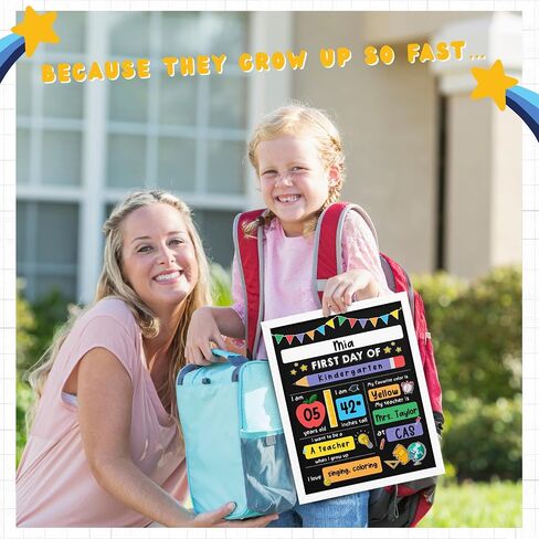 First Day of School Board Sign with 6 Liquid Chalk Markers Pack, Wipe Cloth & Card - 14"x11" Double-Sided & Reusable Chalkboard - 1st Day Back to School Sign for Kindergarten Preschool in Saudi Arabia