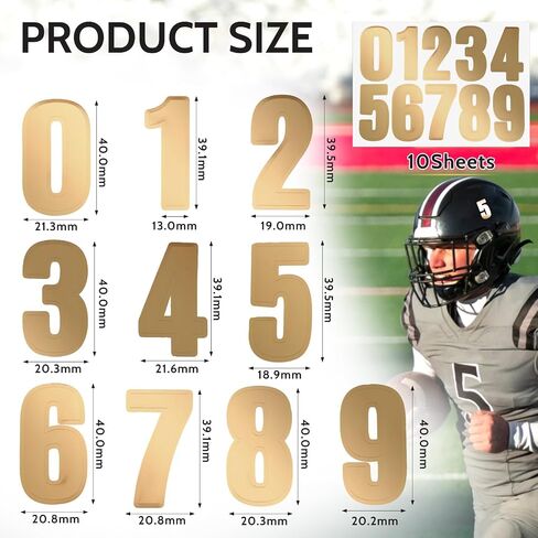 Giantree 10 Sheets/100 Pcs Helmet Numbers Sticker, Self Adhesive Sports Number Stickers 1.5" Vinyl Waterproof Softball Helmet Stickers Gold for Baseball Hockey Football Batting in Kuwait
