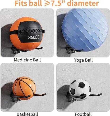 2 Packs Medicine Ball Rack Wall Mount Exercise Ball Holder with Hook | Heavy Duty, Holds Up to 44 lbs, Fits Medicine Balls 7.5" + Diameter, Space Saving, Home Gym/Garage Gym Organizer in Kuwait