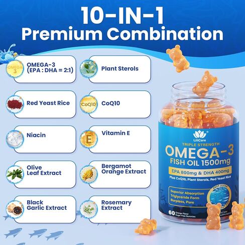 Fish Oil Omega 3 Gummies 1500mg for Adults - Triple Strength with EPA & DHA, COQ10, Red Yeast Rice - Wild Caught Omega 3 Fatty Acids Supplements for Hḙar-t & Brain - Sugar Free, Burpless, 120 Count in Saudi Arabia