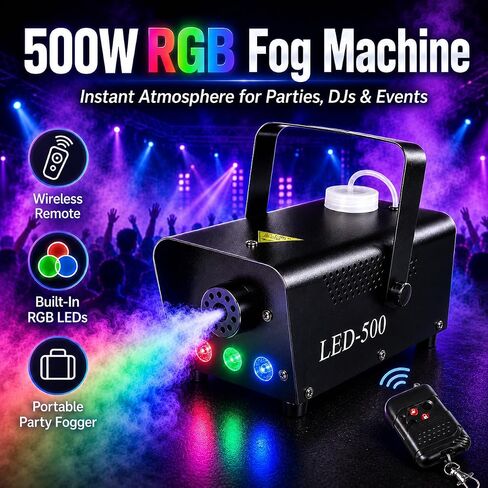 آلة الضباب 500 واط 2000CFM مع أضواء LED RGB - آلة دخان مع جهاز تحكم لاسلكي، تسخين سريع، مبيد مسرح محمول للدي جي، الهالوين، الزفاف، الحفلات والنادي | أحداث الفلاش باك in Kuwait
