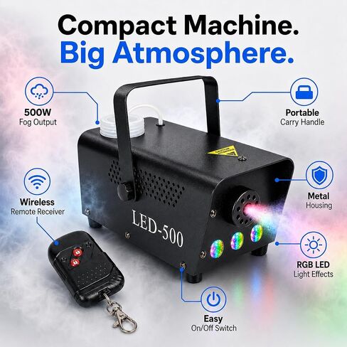 آلة الضباب 500 واط 2000CFM مع أضواء LED RGB - آلة دخان مع جهاز تحكم لاسلكي، تسخين سريع، مبيد مسرح محمول للدي جي، الهالوين، الزفاف، الحفلات والنادي | أحداث الفلاش باك in Kuwait