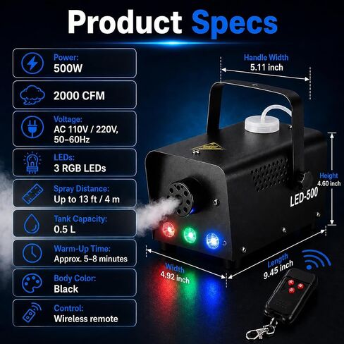 آلة الضباب 500 واط 2000CFM مع أضواء LED RGB - آلة دخان مع جهاز تحكم لاسلكي، تسخين سريع، مبيد مسرح محمول للدي جي، الهالوين، الزفاف، الحفلات والنادي | أحداث الفلاش باك in Kuwait