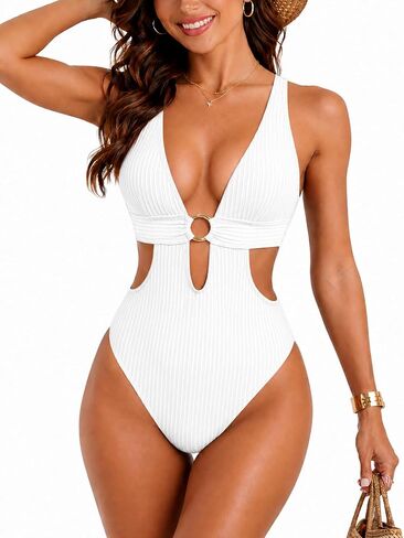 Leoparts Women's Sexy One Piece Swimsuit Plunge V Neck Textured Bathing Suit High Cut Cutout Tie Back Swimwear in Kuwait