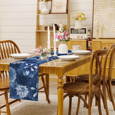 Navy Blue Dahlia Flower Summer Table Runner Blue Gray Burlap Table Runners, Spring Elegant Floral Seasonal Coffee Table Center Decor for Home Kitchen Dining Party Indoor Outdoor 13x72 Inch in Kuwait