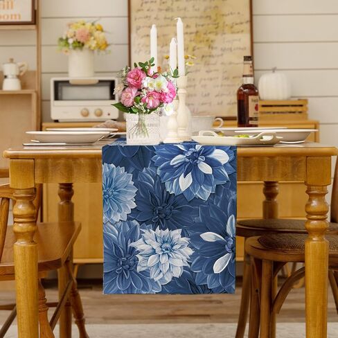 Navy Blue Dahlia Flower Summer Table Runner Blue Gray Burlap Table Runners, Spring Elegant Floral Seasonal Coffee Table Center Decor for Home Kitchen Dining Party Indoor Outdoor 13x72 Inch in Kuwait
