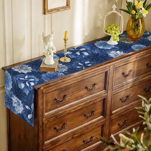 Navy Blue Dahlia Flower Summer Table Runner Blue Gray Burlap Table Runners, Spring Elegant Floral Seasonal Coffee Table Center Decor for Home Kitchen Dining Party Indoor Outdoor 13x72 Inch in Kuwait