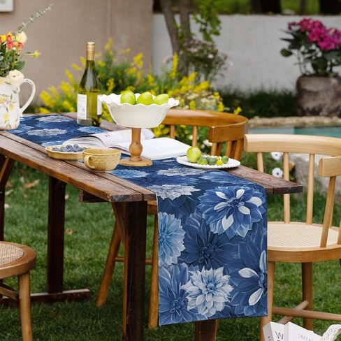 Navy Blue Dahlia Flower Summer Table Runner Blue Gray Burlap Table Runners, Spring Elegant Floral Seasonal Coffee Table Center Decor for Home Kitchen Dining Party Indoor Outdoor 13x72 Inch in Kuwait