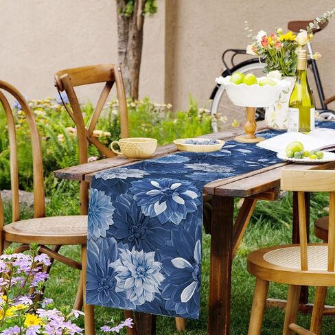 Navy Blue Dahlia Flower Summer Table Runner Blue Gray Burlap Table Runners, Spring Elegant Floral Seasonal Coffee Table Center Decor for Home Kitchen Dining Party Indoor Outdoor 13x72 Inch in Kuwait