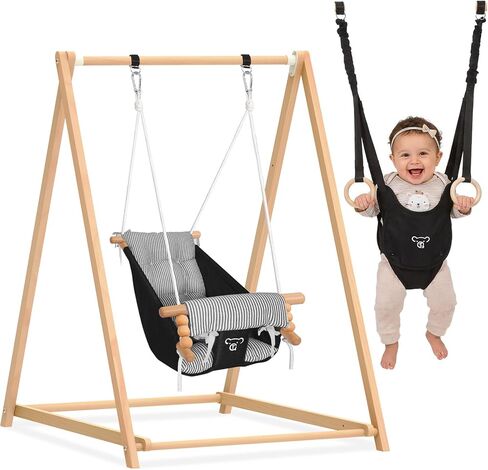 2-in-1 Baby Jumper & Swing, Montessori Wooden Toddler Swing Set with Stand for Indoor/Outdoor, Baby Bouncer Jumper & Hammock Swing with 5-Point Harness, Suitable for Children Ages Up to 3 Yrs in Kuwait