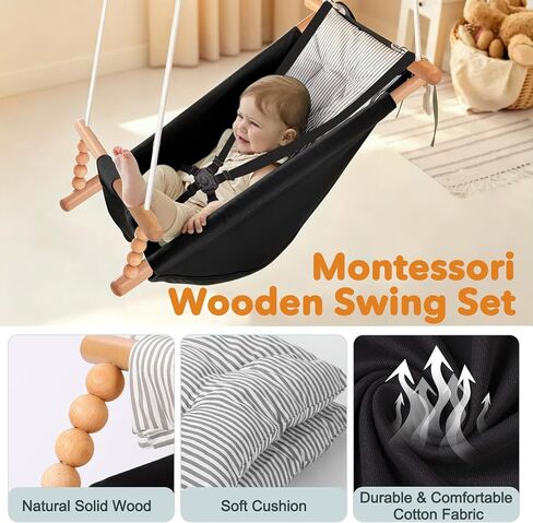 2-in-1 Baby Jumper & Swing, Montessori Wooden Toddler Swing Set with Stand for Indoor/Outdoor, Baby Bouncer Jumper & Hammock Swing with 5-Point Harness, Suitable for Children Ages Up to 3 Yrs in Kuwait