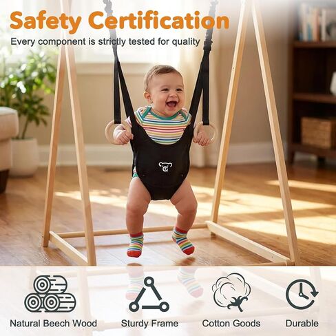 2-in-1 Baby Jumper & Swing, Montessori Wooden Toddler Swing Set with Stand for Indoor/Outdoor, Baby Bouncer Jumper & Hammock Swing with 5-Point Harness, Suitable for Children Ages Up to 3 Yrs in Kuwait