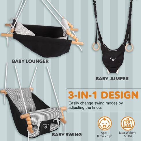 2-in-1 Baby Jumper & Swing, Montessori Wooden Toddler Swing Set with Stand for Indoor/Outdoor, Baby Bouncer Jumper & Hammock Swing with 5-Point Harness, Suitable for Children Ages Up to 3 Yrs in Kuwait
