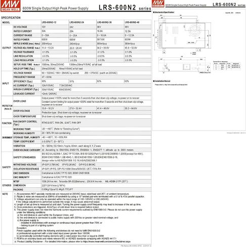 LRS-600N2-48 600W 48V 12.5A Industrial Power Supply, 92% Efficiency, 90~264VAC, -4℉~149℉, 200% Peak, 5G Vibration, UL/IEC/EN62368-1, for Automation & Control in Kuwait