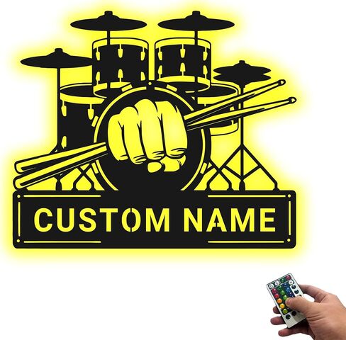 Personalized Drum Set Metal Wall Art with LED Light, Custom Drummer Name Sign for Music Room Decor in Kuwait