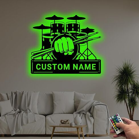 Personalized Drum Set Metal Wall Art with LED Light, Custom Drummer Name Sign for Music Room Decor in Kuwait