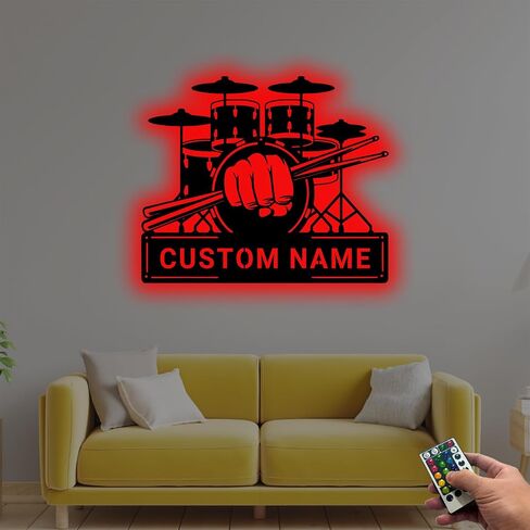 Personalized Drum Set Metal Wall Art with LED Light, Custom Drummer Name Sign for Music Room Decor in Kuwait