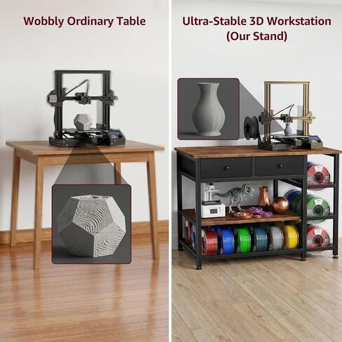 3D Printer Stand with Storage,3-Tier Heavy Duty 3 D Printer Table Shelf with 2 Fabric Drawers, 3 D Printing Desk for Tools and Supplies (Brown) in Kuwait