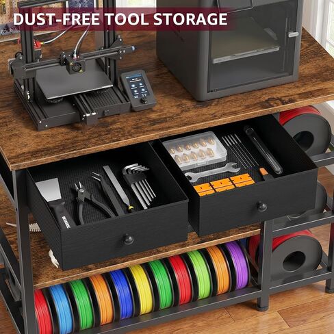 3D Printer Stand with Storage,3-Tier Heavy Duty 3 D Printer Table Shelf with 2 Fabric Drawers, 3 D Printing Desk for Tools and Supplies (Brown) in Kuwait