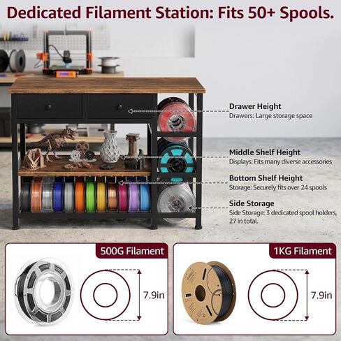 3D Printer Stand with Storage,3-Tier Heavy Duty 3 D Printer Table Shelf with 2 Fabric Drawers, 3 D Printing Desk for Tools and Supplies (Brown) in Kuwait