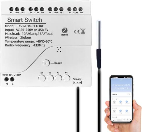 Zigbee Temperature and Humidity Monitor Controller, 4CH 85-250V Relay Switch, Voice Control, Tuya APP Remote Control, Dry Contact, Real-Time Monitoring, Compatible with Alexa, Google Home, ZHA, Z2M in Kuwait