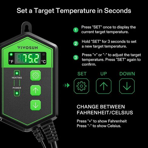 VIVOSUN وحدة تحكم ترموستات حرارية رقمية وحصيرة حرارية متينة للشتلات مقاس 10 بوصة × 20.75 بوصة من UL & MET وسادة تسخين مائية دافئة للإنبات والبستنة الداخلية in Kuwait
