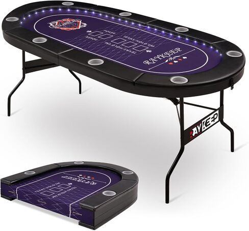 طاولة بوكر LED من RAYKEEP لـ 10 لاعبين، طاولة كازينو Texas Holdem Blackjack قابلة للطي مقاس 84 بوصة مع ضوء LED مرصع بثلاثة ألوان، وقضبان مبطنة وحاملات أكواب، طاولة ألعاب بطاقات محمولة لغرفة الألعاب المنزلية والحفلات in Kuwait
