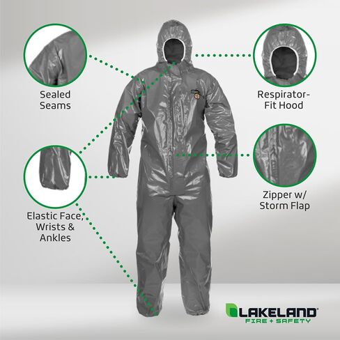 بدلة Lakeland ChemMax 3 Hazmat مع غطاء للتنفس، غطاء عاصفة بسحاب كامل، وجه/معصم مرن وكاحل، مقاس 3X-Large (6 عبوات)، أصفر in Kuwait