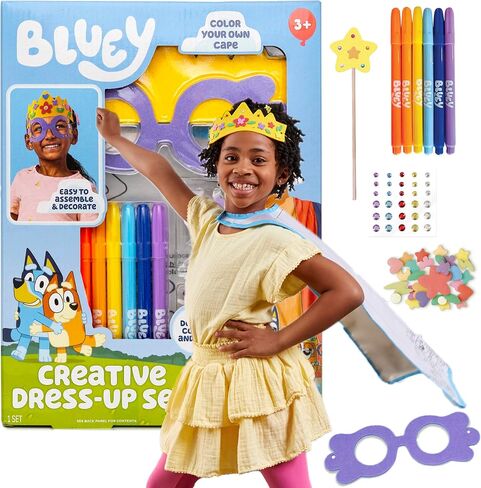 Bluey Creative Dress-Up Set, Includes Colorable Cape, Felt Crown, & Play Mask, Foam Stickers, Coloring Markers, and Gems, Bluey Toys, Toddler Activities, Dress Up Costumes for Kids, Fun Family Toy in Saudi Arabia