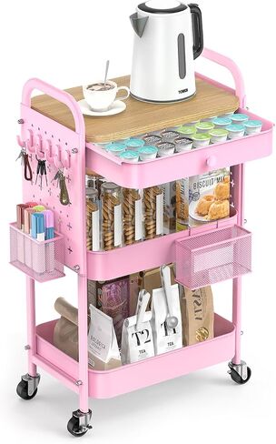 ALVOROG ROLLING CART مع درج وأعلى طاولة خشبية ، 3 طبقات معدنية ، سلة مرففة معدنية على عجلات مع Pegboards DIY ، سلال معلقة ، والسنانير للمطبخ ، غرفة النوم ، المكتب ، لوازم الحرفية in Kuwait