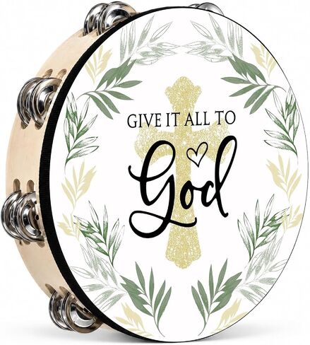 Eaasty 10 Inch Tambourines for Adults Church Christian Gifts Give It All to God/God Bless You Tambourines with Double Row Jingles Wooden Hand Clap Drum for Pray Musical Party(Give It All to God) in Kuwait