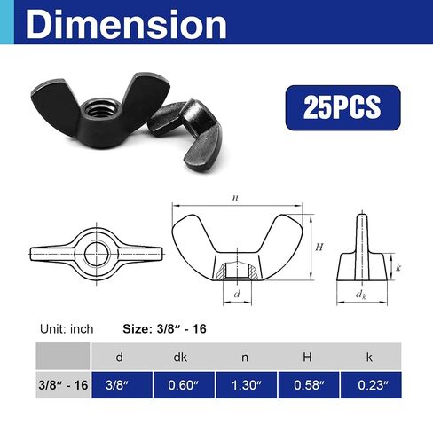 25Pcs 3/8"-16 Wing Nuts Kit, Zinc Plating-Black Wing Nuts Butterfly Fasteners, Hand-Tighten Hardware Nuts Kit for Easy Assembly and Secure Fit Furniture in Kuwait
