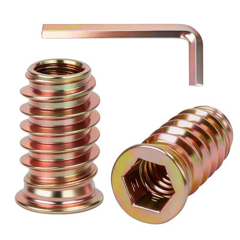 M6 × 15 مم إدراجات مترابطة للخشب، مقبس سداسي من الفولاذ الكربوني مطلي بالزنك صواميل إدراج للأثاث الخشبي، يتضمن مفتاح ربط سداسي، 50 قطعة in Kuwait