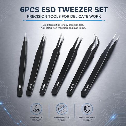 6PCS Anti-Static Stainless Steel Precision Tweezers for Electronics Repair | 6 Assorted Upgraded Curved Straight Tips,Non-Magnetic for Soldering Jewelry Making Lab Crafts in Kuwait